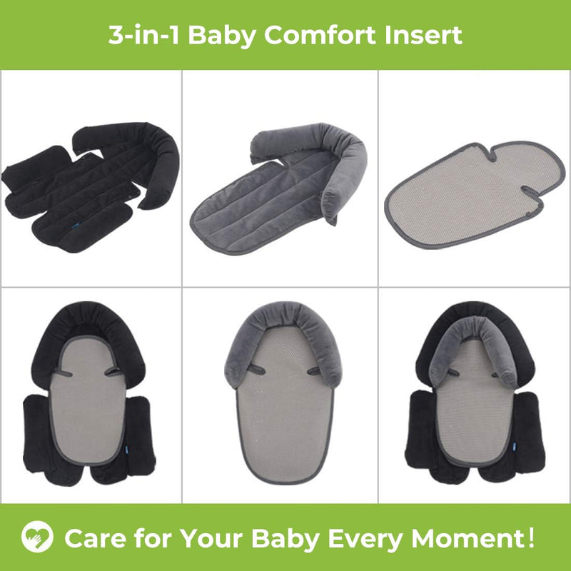 COOLBEBE 3-in-1 Reversible Newborn Car Seat Insert, Baby Head Support Pad | Extra Soft Head Pad for Catseat, Stroller, Swing & Travel, Baby Body Support Cushion for Infant 0-12 Months, Black