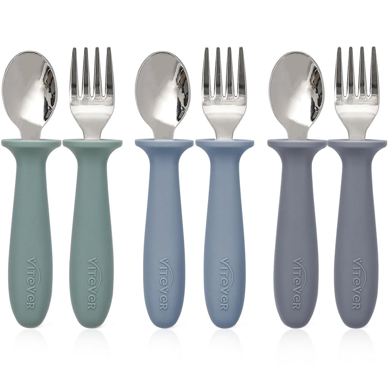 VITEVER 6 Pieces Toddler Utensils, Kids Silverware Set with Silicone Handle, Children Safe Spoons and Forks, 18/8 Stainless Steel, Food-grade Silicone - Dishwasher Safe