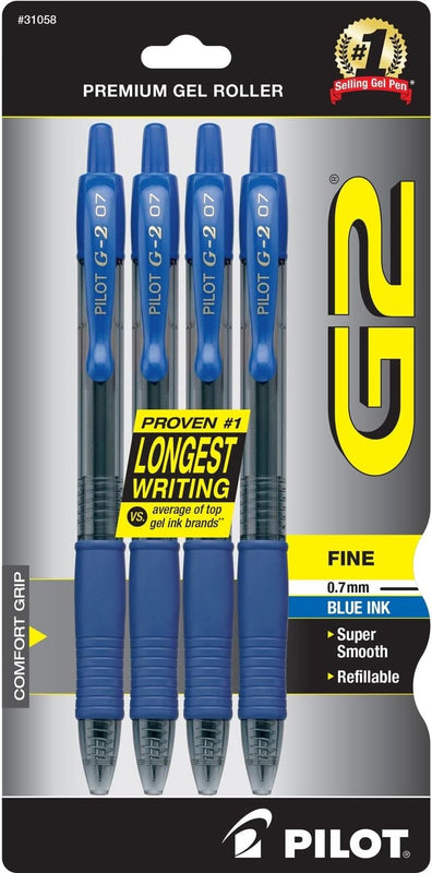 Pilot G2 Pens, Premium Refillable and Retractable Rolling Ball Gel Pens, Fine Point, 0.7mm, Black Ink, 4-Pack