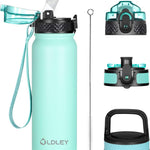 Oldley Insulated Water Bottle 20oz for Adults Kids Stainless Steel Water Bottles with Straw/Chug/Carabiner 3 Lids Fruit Strainer Double Wall Vacuum Wide Mouth BPA Free Leak-Proof for School Travel