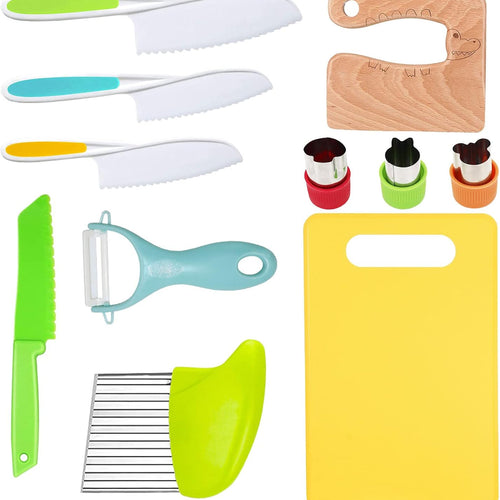 RISICULIS Kids Kitchen Knife, Montessori Kitchen Knife Set for Toddlers | 11Pcs Kids Safe Knife Set for Real Cooking with Wood Plastic Knives Kids Cutting Board, Montessori Gifts for Boys Girls