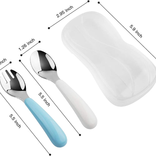 Kirecoo 2 Set Stainless Steel Toddler Utensils with Travel Case | White & Aqua, Forks & Spoons Set, BPA Free, Self Feeding Design, Portable for Travel, Safe for Kids & Toddlers