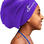 Extra Large Swim Cap for Kids Black Girls Aged 4 to 16 with Long Hair Braids Dreadlocks, Waterproof Silicone Swimming Hat Turban Hair Protection for Boys Toddler Children Youth