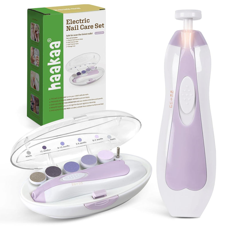 haakaa Electric Baby Nail Trimmer, Whisper-Quiet with LED Light, Acorn | Baby Nail Care Kit with 6 Replacement Heads, Storage Case, Quiet Motor for Safe Grooming from Newborns to Adults