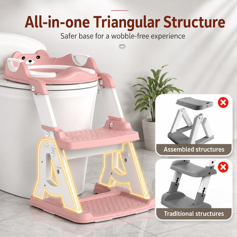Meulife Potty Training Seat, Upgrade 2 in 1 Potty Training Toilet for Toddler, Toddler Toilet Seat for Boys Girls with Support Bar, Anti-Slip Pad and Step Stool (Pink)