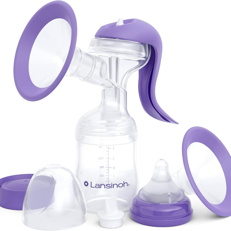 Lansinoh Manual Breast Pump, Breast Feeding Hand Pump with Comfortable Flange, Includes 5oz Baby Bottle with Slow Flow Nipple, Breastfeeding Essentials