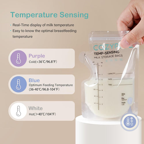 100 Pcs Breastmilk Storage Bags, 8Oz Breast Milk Storing Bag with Pour Spout, Temperature-Sensing Color Change Milk Bag for Convenient Breastfeeding, No Leak Presterilized for Freezer