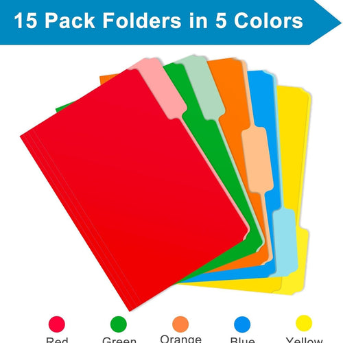 Two Tone Color File Folders 8.5 x 11 Inch, 1/3 Cut Tab File Folders Letter Size, Assorted Colors, Blue Red Green Yellow Orange Manila File Folders, School Business Office Folders for Document -15 Pack