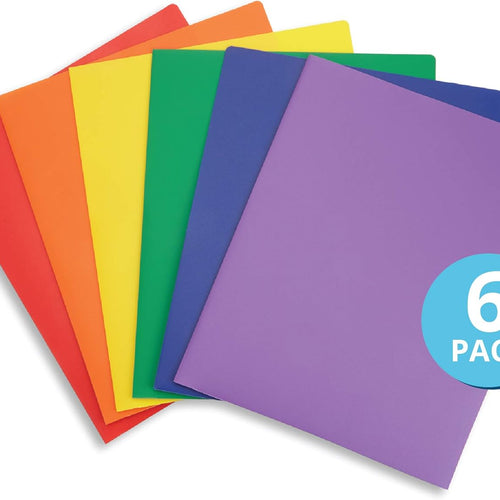 Blue Summit Supplies 6 Pack Multicolor Two Pocket Plastic Folders with Pockets, Heavy Duty Colored 2 Pocket Plastic Folders for School, and Business Card Slot, Home, and Work