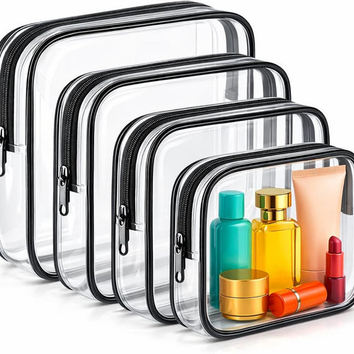 Clear Makeup Bag 4 Pack, TSA Approved Toiletry Bag for Women, Waterproof PVC Cosmetic Pouch Travel Organizer, Clear Bags for Diaper Bag Organizer Purse, Portable Zipper Pouch Set (L+M+M+S)