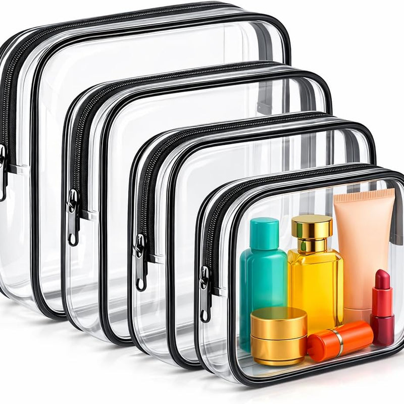 Clear Makeup Bag 4 Pack, TSA Approved Toiletry Bag for Women, Waterproof PVC Cosmetic Pouch Travel Organizer, Clear Bags for Diaper Bag Organizer Purse, Portable Zipper Pouch Set (L+M+M+S)