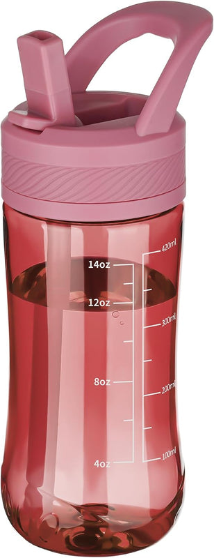 14oz Clear Kids Water Bottle with Straw Lid, BPA-Free Tritan, Measurement Scale, Sturdy Handle Wide Mouth Leak-proof Reusable Plastic Bottle for Boy& Girls, Back to School（Clear）