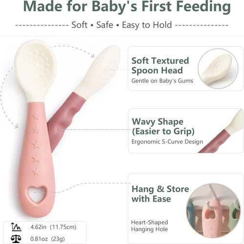 4-Pack Silicone Baby Spoons, Seposeve Soft Gum-Friendly First Feeding Spoons for Babies, Baby Feeding Utensils Essentials, Easy-Grip Handle, BPA Free, Dishwasher Safe, 2 Pink 2 Purple
