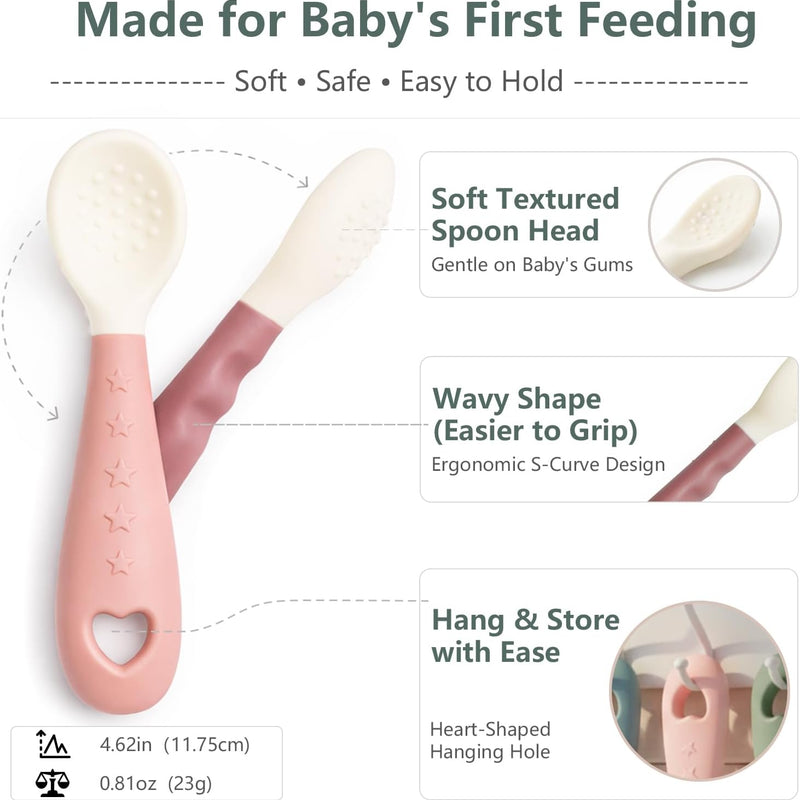 4-Pack Silicone Baby Spoons, Seposeve Soft Gum-Friendly First Feeding Spoons for Babies, Baby Feeding Utensils Essentials, Easy-Grip Handle, BPA Free, Dishwasher Safe, 2 Pink 2 Purple