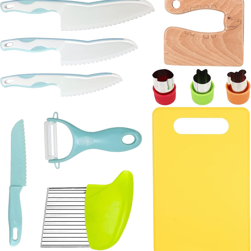 RISICULIS Kids Kitchen Knife, Montessori Kitchen Knife Set for Toddlers | 11Pcs Kids Safe Knife Set for Real Cooking with Wood Plastic Knives Kids Cutting Board, Montessori Gifts for Boys Girls