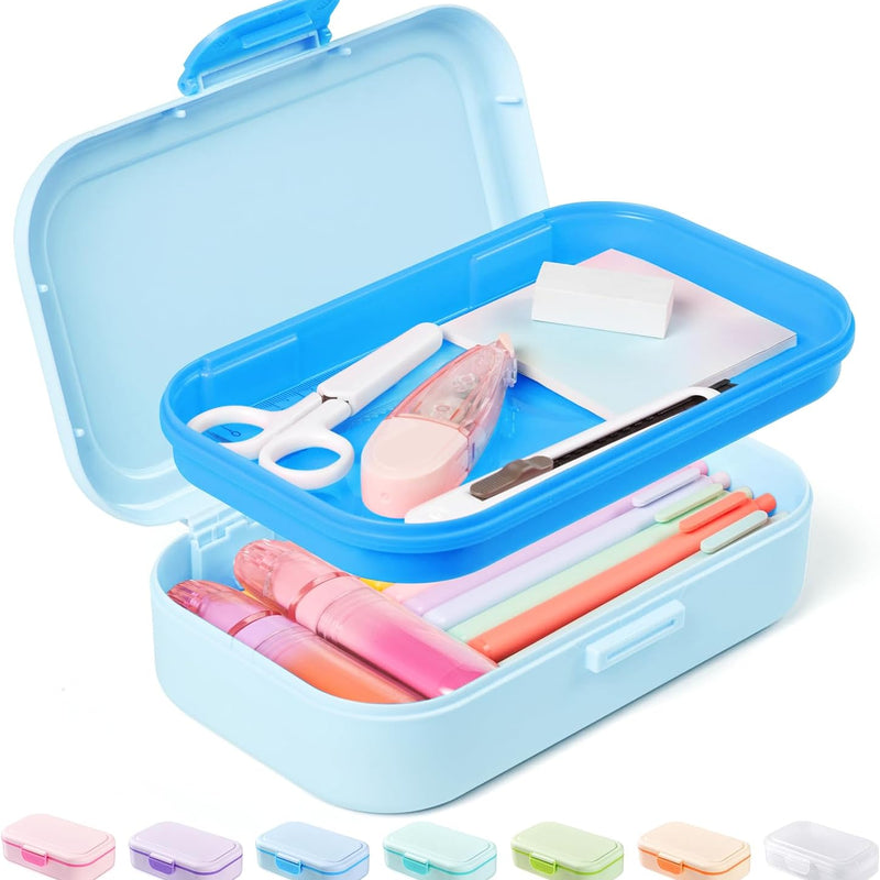 Sooez Double Layer Pencil Box, Plastic Pencil Case with Latch, Hard School Supply Box for Girls Boys Kids, Large Crayon Marker Pen Holder, Cute Art Storage Organizer, 1 Pack, Pink