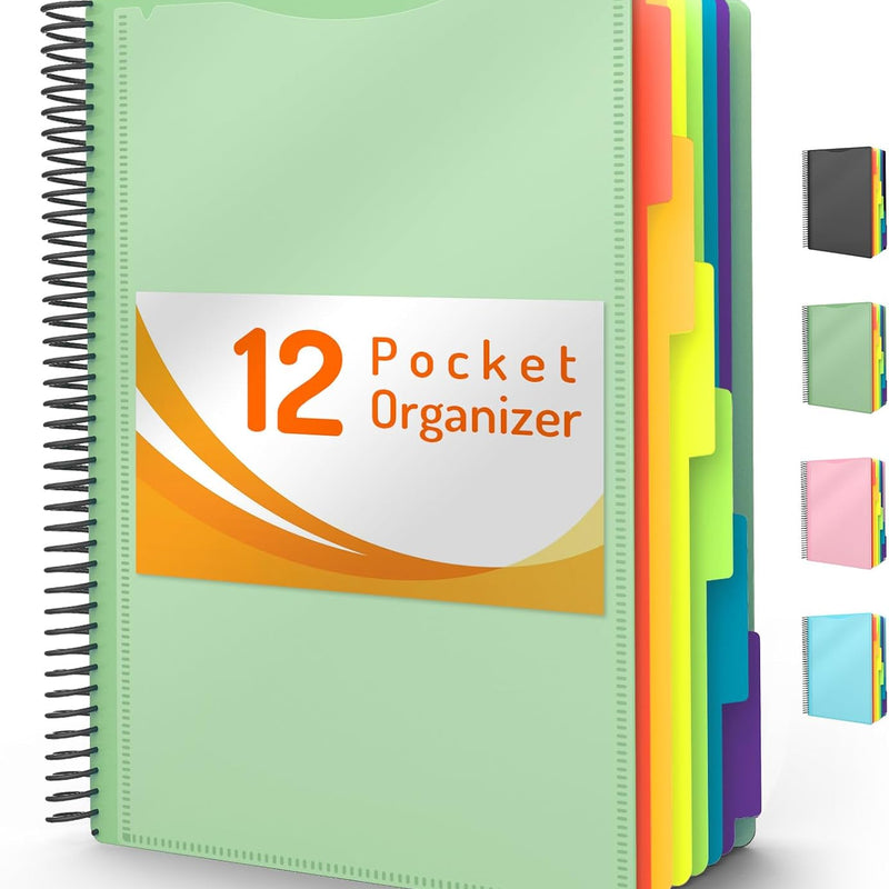 Forvencer 12 Pocket Project Organizer, 1/6-cut Tab Binder Organizer with Sticky Labels, Multi Pocket Folder with Zipper Pouch, Folder Binder Spiral Pocket Notebook, Office Supplies, Letter Size, Pink