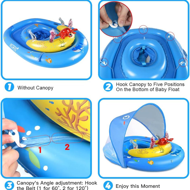 LAYCOL Baby Pool Float with Canopy UPF50+, 120°Adjustable Sun Protection and Anti-Tip Safety Seat, Inflatable Toddler Floaties Infant Pool Float with Animal Pool Toys, Baby Beach Essentials for 6-36M