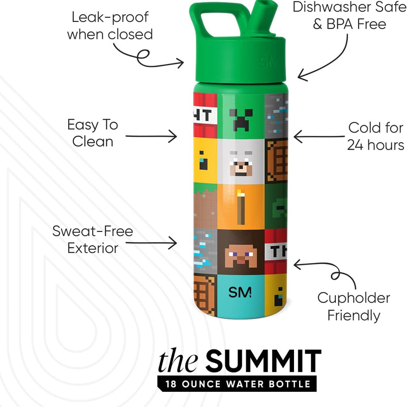 Simple Modern Minecraft Kids Water Bottle & Toddler Cup | 18oz | Insulated Stainless Steel Minecraft Toddler Water Bottle, Kids Tumbler with Straw | Spill Proof for School, Girls, Boys