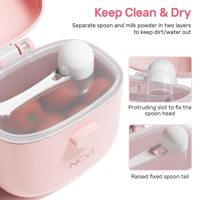 NCVI Formula Container To Go, Baby Formula Dispenser On The Go with Scoop | Formula Holder for Travel, Outdoor Picnic with Baby Infant, Portable Container for Milk Powder, Snacks, Candy, Fruits (Pink)