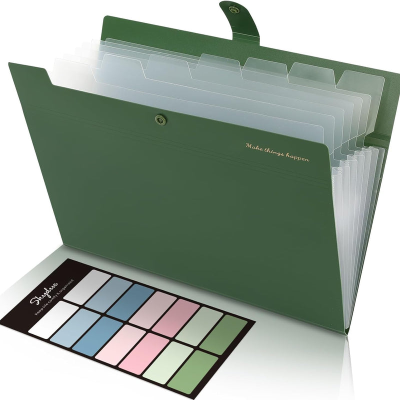 SKYDUE Expanding File Folders with 8 Pockets, Accordion File Organizer with Labels, Portable Paper Bill Receipt Organizer, Letter Size, Home School Office Supplies, Olive Green