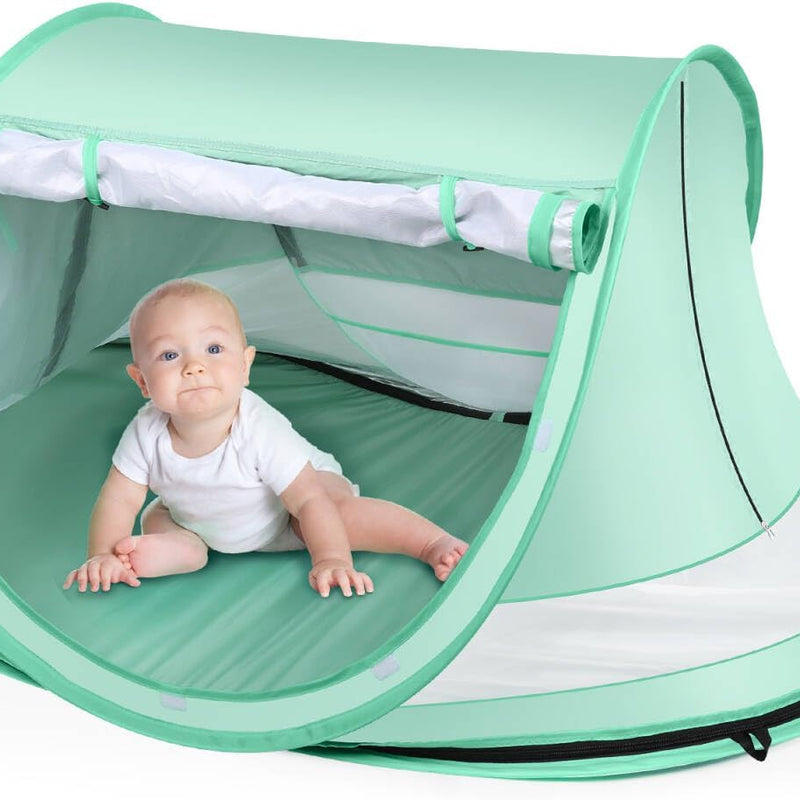 Kapeazo Baby Beach Tent, Pop Up UV Sun Shade for Infant Toddlers (Green) | Portable Baby Beach Essentials, Sun Shelter for Travel, UPF 50+, Breathable Mesh, Infant Sleeping Tent for Parks and Camping