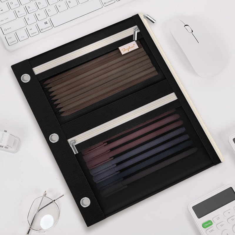 SKYDUE Pencil Pouch for Binder, Pencil Case, 3 Ring Binder Pencil Pouch with 3 Pockets and Mesh Window, Zipper Pencil Pouch, Durable Organizer for School Supplies, Cables, Earbuds, Makeup