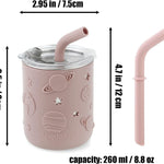 PandaEar 6-in-1 Stainless Steel Baby Feeding Set | Divided Suction Plate, Bowl, Sippy Cup with Straw, Bib, Spoon & Fork | BPA-Free Toddler Feeding Essentials for Self-Feeding (Pink)