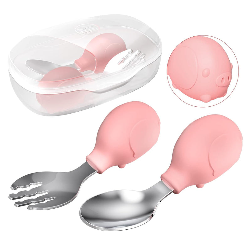 Deejoy Toddler Utensils Self-feeding Flatware Set withTravel Case-Green | Baby Spoons and Forks with Silicone Bendable Handle, Easy Grip Heat-Resistant, Ideal for Kids, Stage 2