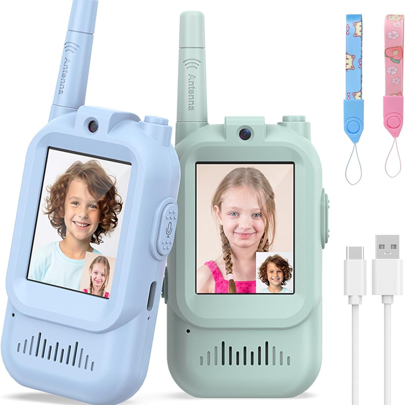 Rechargeable Long Range Walkie Talkies for Kids, 2 Pack, Age 3-5, Outdoor Use, Video and Voice Chat, Pink and Blue Design