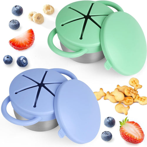2 Pack Snack Cups for Toddlers Spill Proof - Detachable Stainless Steel Toddler Snack Cups with Silicone Lids & Handles - Dishwasher Safe Snack Container for Mess-Free Snacking（Blue-purple and Green)