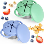 2 Pack Snack Cups for Toddlers Spill Proof - Detachable Stainless Steel Toddler Snack Cups with Silicone Lids & Handles - Dishwasher Safe Snack Container for Mess-Free Snacking（Blue-purple and Green)