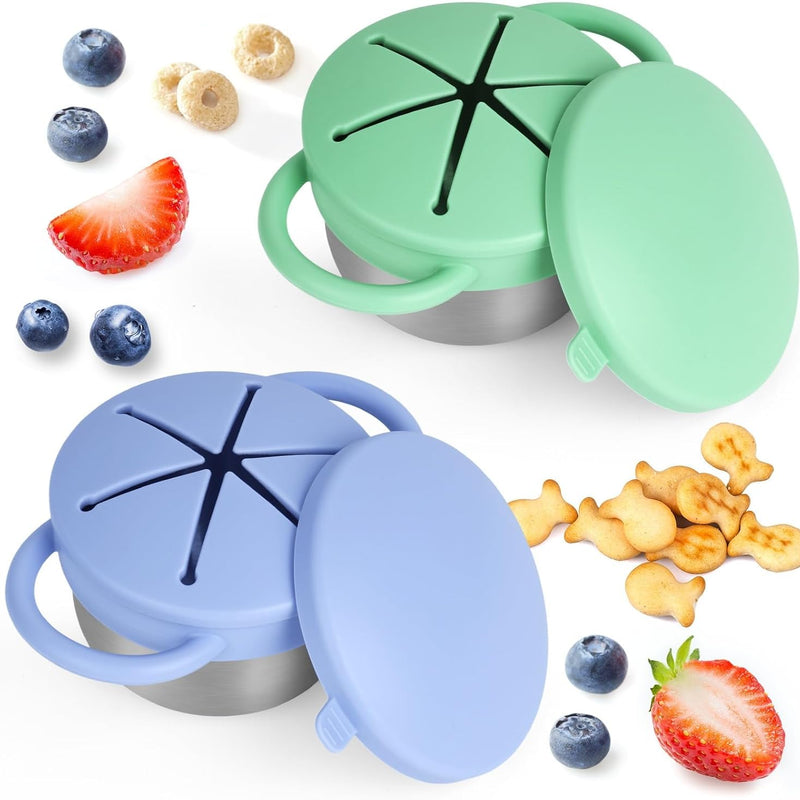 2 Pack Snack Cups for Toddlers Spill Proof - Detachable Stainless Steel Toddler Snack Cups with Silicone Lids & Handles - Dishwasher Safe Snack Container for Mess-Free Snacking（Blue-purple and Green)