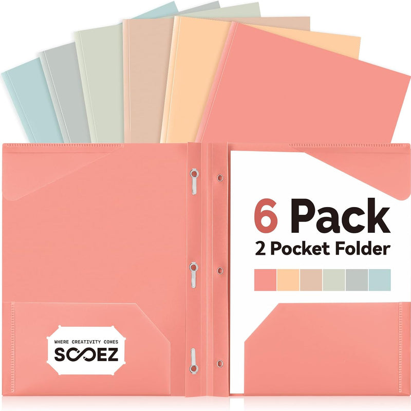 Sooez Folders with Pockets and Prong, 6 Pack, Pastels Colors, File Folders with Prongs, 2 Pocket Folders Bulk, Plastic Folder, School Folder College Supplies, Aesthetic Nursing Cute School Supplies