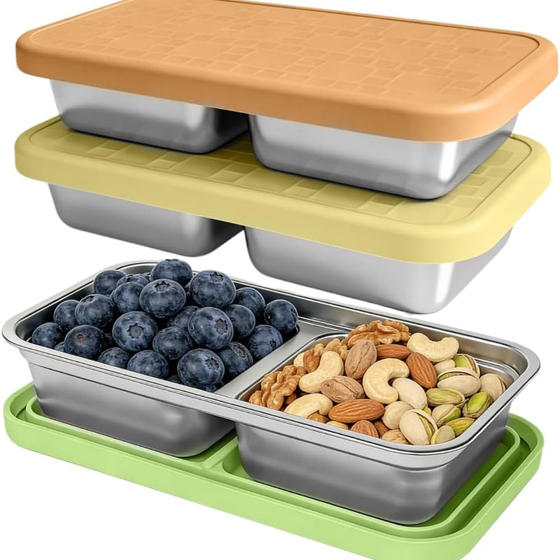 3 Pack Stainless Steel Snack Containers for Kids, Reusable Snack Containers with Silicone Lids, 2 Compartment Toddler Snack Containers for Daycare, School Lunch and Travel, 15 oz
