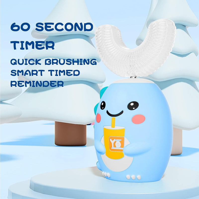 DYCROL Kids U-Shaped Electric Toothbrush with 4 Brush Heads, 5 Cleaning Modes, Cartoon Dinosaur Design, IPX7 Waterproof