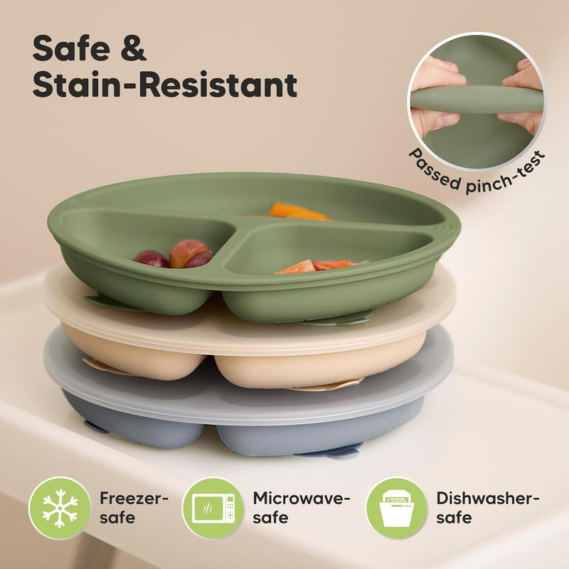 KeaBabies Suction Plates with Lids for Baby, 3-Pack, 100% Silicone (Slate) | Silicone Toddler Plates with Suction, Divided, Kids Baby Led Weaning Essentials, Dishwasher Safe, Microwave Safe, BPA-Free