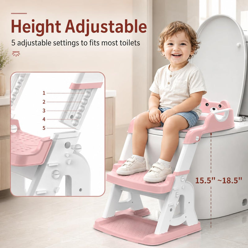 Meulife Potty Training Seat, Upgrade 2 in 1 Potty Training Toilet for Toddler, Toddler Toilet Seat for Boys Girls with Support Bar, Anti-Slip Pad and Step Stool (Pink)
