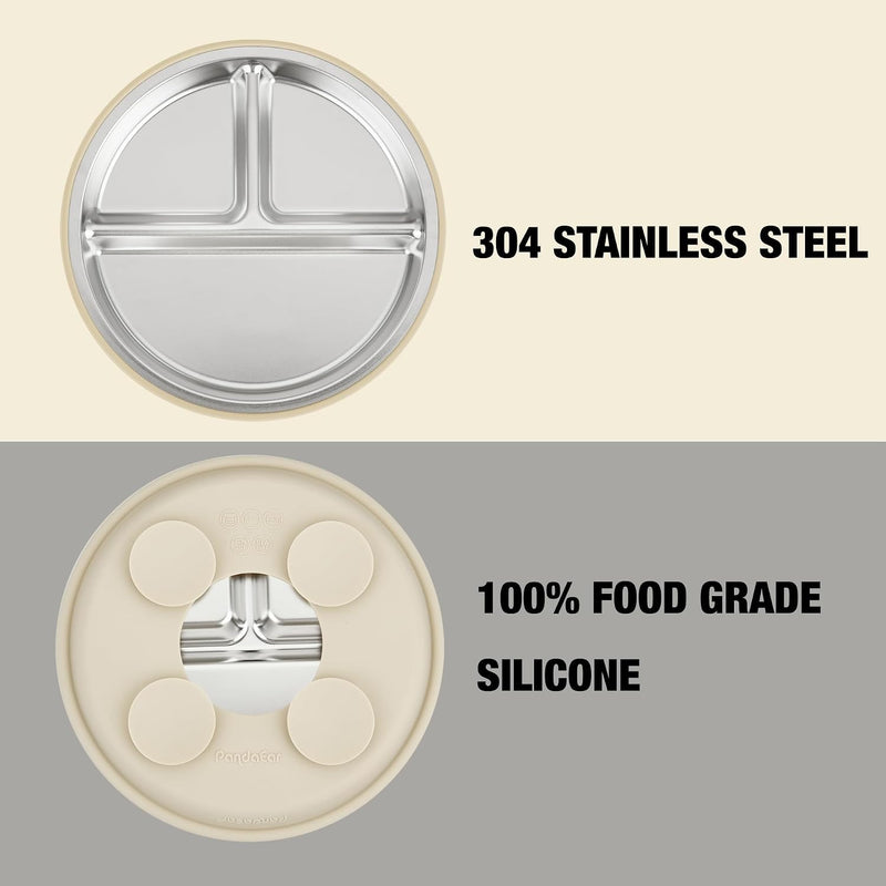 PandaEar 3 Pack Stainless Steel Baby Suction Plates, Divided Toddler Plate for Baby Led Weaning Supplies, Non-Slip Toddler Baby Feeding Set Dishwasher Safe (Pink/Linen/Light Pink)
