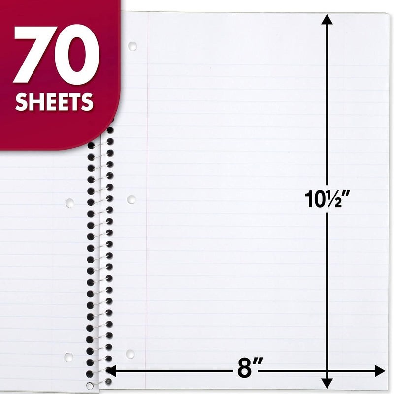 Mead Spiral Notebook, 4 Pack, 1 Subject, Wide Ruled Paper, 7-1/2" x 10-1/2", 70 Sheets per Notebook, Colors Will Vary (930200-ECM25)