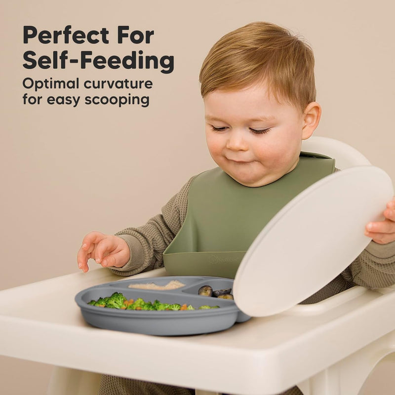 KeaBabies Suction Plates with Lids for Baby, 3-Pack, 100% Silicone (Slate) | Silicone Toddler Plates with Suction, Divided, Kids Baby Led Weaning Essentials, Dishwasher Safe, Microwave Safe, BPA-Free