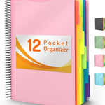 Forvencer 12 Pocket Project Organizer, 1/6-cut Tab Binder Organizer with Sticky Labels, Multi Pocket Folder with Zipper Pouch, Folder Binder Spiral Pocket Notebook, Office Supplies, Letter Size, Pink