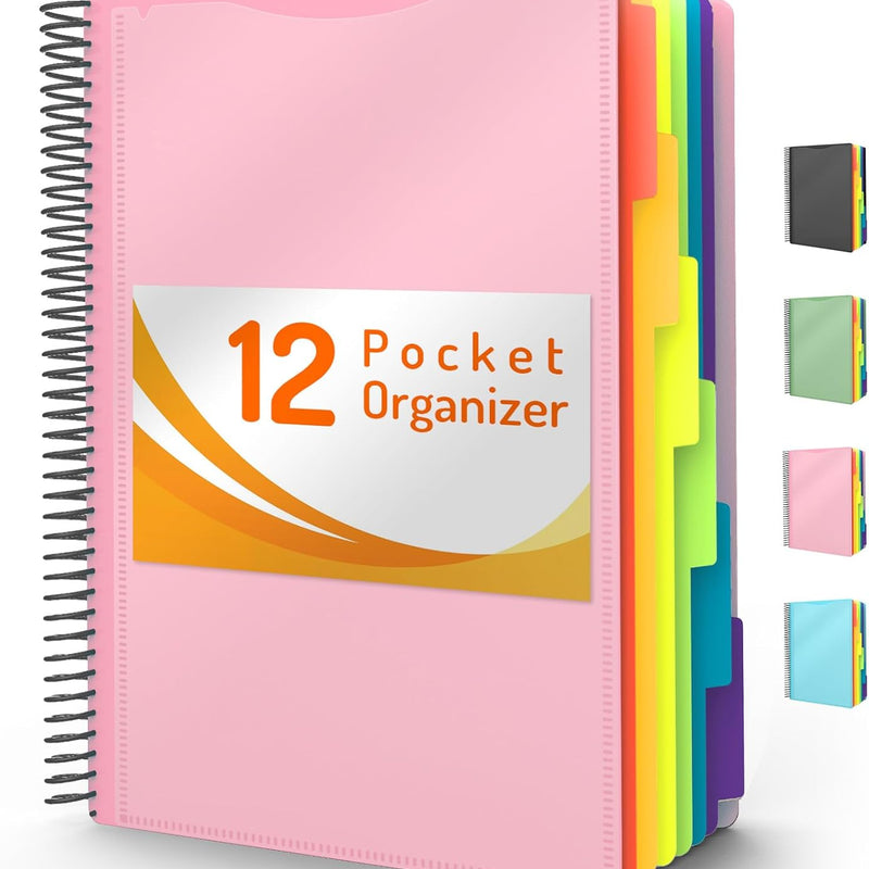 Forvencer 12 Pocket Project Organizer, 1/6-cut Tab Binder Organizer with Sticky Labels, Multi Pocket Folder with Zipper Pouch, Folder Binder Spiral Pocket Notebook, Office Supplies, Letter Size, Pink