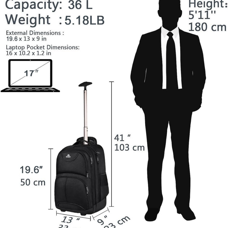 MATEIN Rolling Backpack, 17 inch Water Resistant Wheeled Laptop Backpack, Carry on Luggage Business Bag, Overnight College Computer Bag Trolley Suitcase for Men Women Adults to Travel, Black