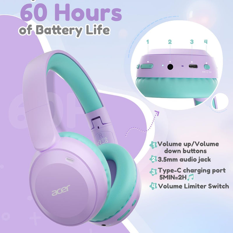 Acer Kids Bluetooth Headphones, 85/94dB Volume Limited, 60H Playtime, Bluetooth 6.0, Lightweight Over-Ear Wireless Headphones for Kids, Toddler Headphones with Built-in Mic, Purple-Green