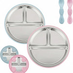 PandaEar 2 Pack Stainless Steel Baby Suction Plates & 2 Pack Spoons, Toddler Utensils Baby Feeding Set, Divided Plates for Baby Led Weaning Supplies, BPA-Free (Blue/Green)