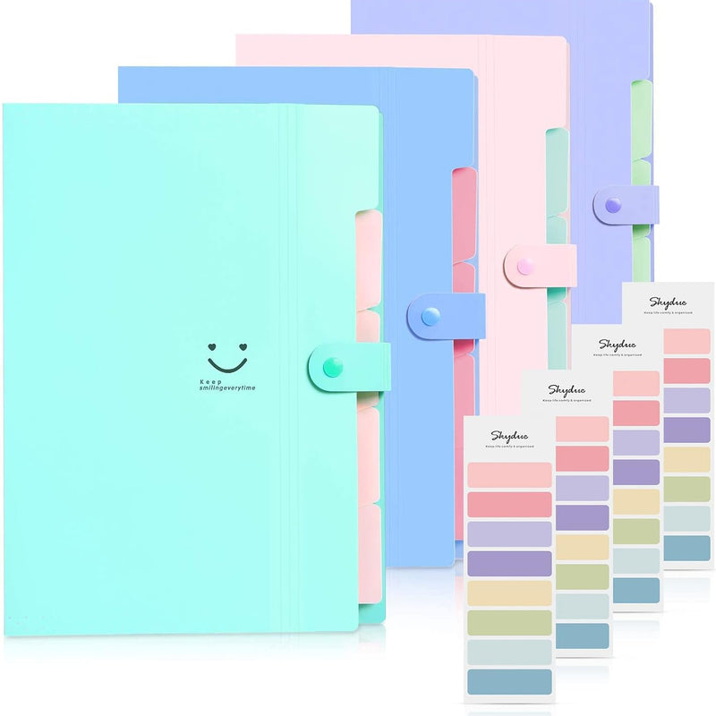 SKYDUE Expanding File Folders with 5 Pockets, Accordion File Organizer with 32 Labels, Portable Document Paper Organizer, Filing Folders, Letter / A4 Size, Pack of 4