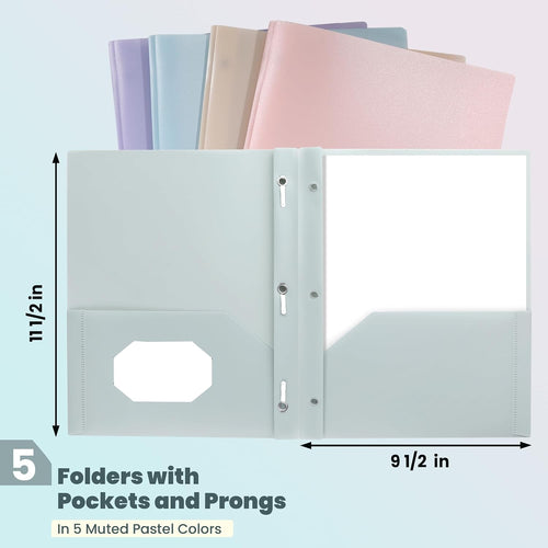GNL Plastic Folders with Pockets and Prong, Pack of 5, Muted Pastel Colors, Heavy Duty 2 Pocket File Folders Letter Size, Folders with Prongs for School, Home, and Office