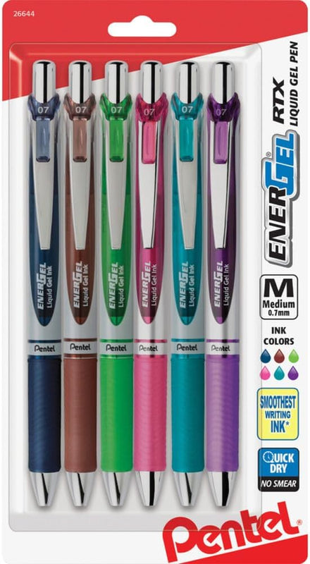 Pentel EnerGel RTX Retractable Liquid Gel Pen, (0.7mm), Medium Line, Metal Tip, Black Ink, Pack of 6 (BL77BP6A)