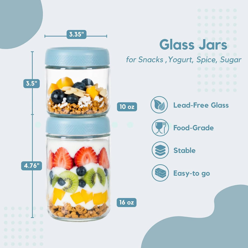 Glass Meal Prep Jar Set, 8 Pack Overnight Oats Containers with Lids | Food Storage for Snacks, Yogurt, Spice, Salad, Chia Seed Pudding Jars, Wide Mouth Mason Jars with Airtight Lids, 16oz 10oz